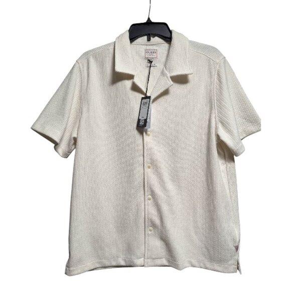 GUESS MEN'S SHORT SLEEVE TEXTURED BUTTON UP SHIRT IVORY CREAM - Picture 3 of 7